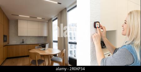 Frau, die ein Smartphone verwendet, um die Schnittstelle für die Konnektivität zu Hause zu steuern. Stockfoto
