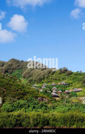 Französisch Polynesien, die Insel Moorea. Bungalows, Interieur und Blick auf das Legends Resort Moorea. Stockfoto