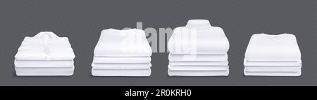 Realistischer Satz weißer Kleidungsstücke isoliert auf transparentem Hintergrund. Vektordarstellung einer sauberen Wäsche. Haufenweise frisch gebügelte Hemden, Pullover, Rollkragen und Blusen aus männlicher und weiblicher Baumwolle Stock Vektor