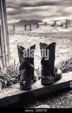 USA, Oregon, Enterprise, die Stiefel und das Lasso von Cowboy Cody Ross auf der Snyder Ranch im Nordosten von Oregon zwischen Enterprise und Joseph Stockfoto