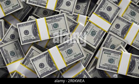 Horizontale 100 Dollar Geld viel Hintergrund. 3D-Darstellung. Stockfoto