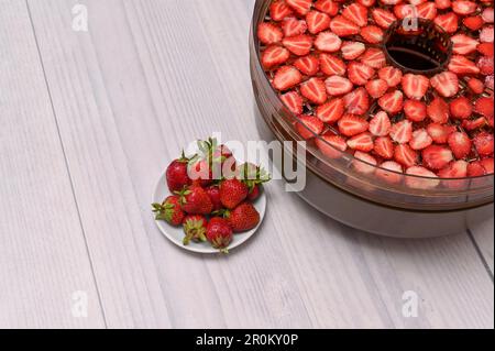 Entwässerungsmaschine mit Erdbeeren Stockfoto