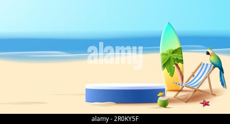 Urlaubslandschaft mit 3D Sommerkomposition mit Produktplazierung am Strand mit Liege und Surfbrett mit Kokosnusscocktail und Stock Vektor