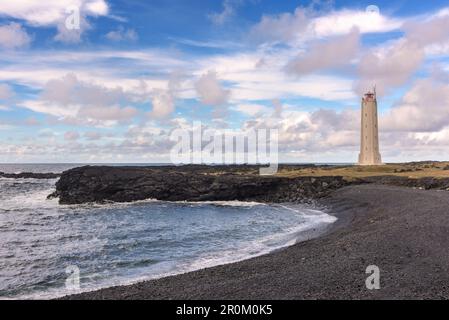 Leuchtturm Malarrif im Nationalpark Snaefellsjökull: Hellnar, Island, Europa Stockfoto