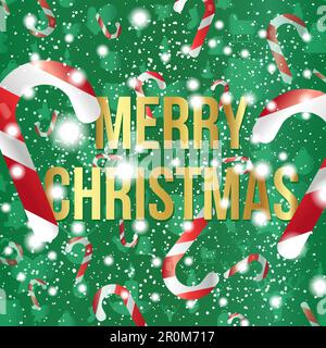 „Merry Christmas“-Grußkarte Mit Schnee Und Zuckerrohr. Xmas Design Label-Elemente für Einladung zu Weihnachten, Gruß, Karte und Überschrift, Titel, Aufkleber Stock Vektor