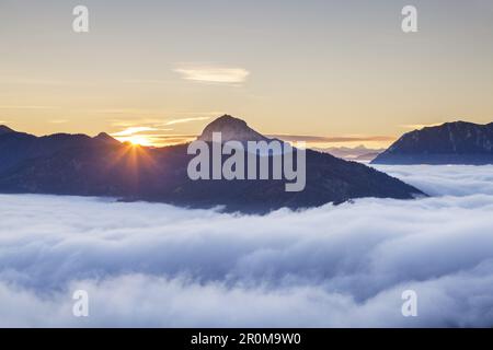 Blick von der Hochalm auf den Schergenwieser Berg über das Weißachtal am Achenpass auf dem Guffert in den Brandenberger Alpen, Lenggries, Bayern Stockfoto