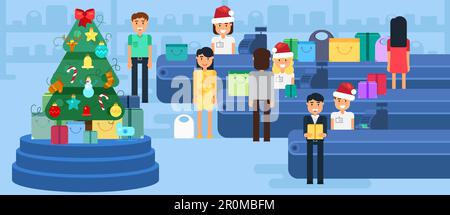 Frohe Weihnachten Und Neujahr Im Shop. Filiale mit Kunden und Kassierer in der Nähe der Kasse. Geschenke und Geschenke. Illustration des Einkaufskonzepts. Verkauf B Stock Vektor