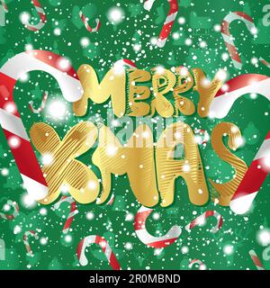 „Merry Christmas“-Grußkarte Mit Schnee Und Zuckerrohr. Xmas Design Label-Elemente für Einladung zu Weihnachten, Gruß, Karte und Überschrift, Titel, Aufkleber Stock Vektor