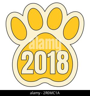 Gelbpfoten gelber Hund Symbol des chinesischen Kalenders aus dem Jahr 2018, Vektoraufkleber, gelber Hund mit Pfotendruck Stock Vektor