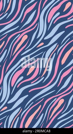 Abstrakte Neonzebrahauttstruktur. Nahtloses Vektormuster mit pinkfarbenen und blauen Streifen auf violettem Hintergrund. Hintergrund für Gewebe und Geschenkpapier Stock Vektor