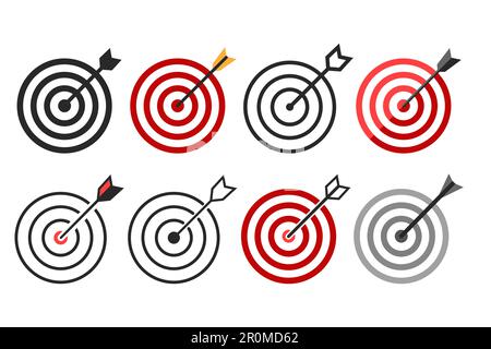 Zielsatz mit Pfeilsymbol Vorlagendesign für wettbewerbsorientiertes Erreichen von Zielen isoliert auf Weiß. Vektordarstellung Stock Vektor