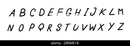 Unregelmäßige Formen Schwarze englische lateinische abc-Schriftart A bis z. Vektorgrafik in handgemachtem Doodle, handgeschriebenes Doodle-Stil isoliert auf weißem Rücken Stock Vektor