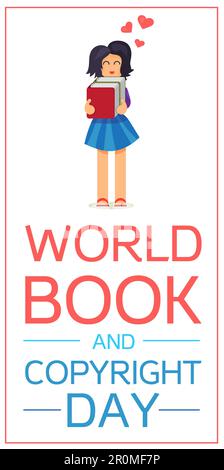 Vertikales Banner zum Weltbuch- und Copyright-Tag mit Reading Girl. Vektor Stock Vektor
