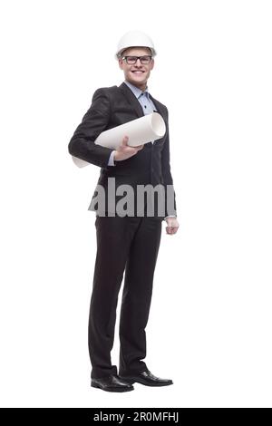 In vollem Wachstum. Junger Architekt mit Zeichnungen. Stockfoto