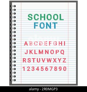 Die Schrift der Schule, das Alphabet im Notizbuch auf dem Blatt für Einträge, der Vektor für den Urlaubstag des Wissens am 1. September Stock Vektor