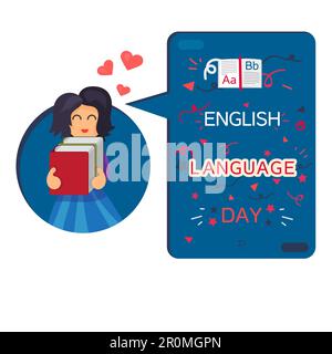 Englischsprachiger Tagesbanner mit Lesefrau, Buch und Buchstaben A, B, z. Vektor Stock Vektor