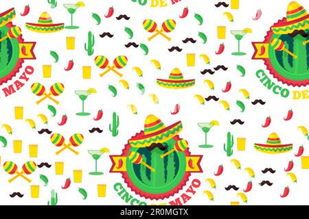 Cinco De Mayo Festival Seamless Pattern von Chili, Konfetti, Kakteen, Schnurrbart und margarita, Sombrero und Maraca. Festival-Poster. Vektor Stock Vektor