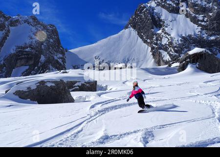 Snowboarder auf wilden Abfahrten, Skifahren im Weißen Tal unter der Zugspitze, Garmisch-Partenkirchen, Bayern, Deutschland Stockfoto