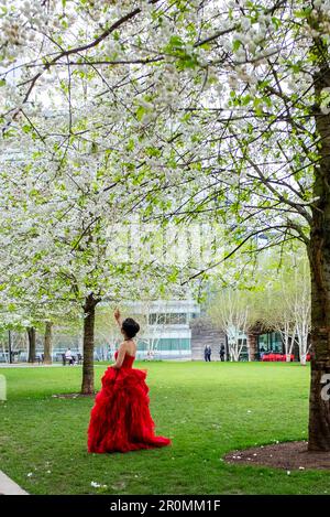 Blick auf London 2023. April - Eine junge Frau in rotem Hochzeitskleid genießt die Frühlingsblüte in der Nähe der Tower Bridge Stockfoto