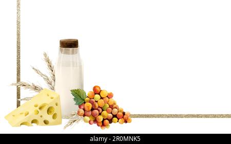 Happy Shavuot Aquarell-Banner-Illustration. Horizontale Schablone mit Trauben, Milchkäse. Picknick-Grilleinladungen Stockfoto