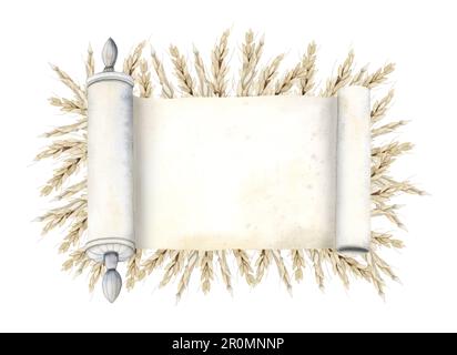 Shavuot Grußkartenvorlage mit Aquarell-Torah-Schriftrolle und Weizenohren für jüdische Feiertage, leeres Papier iIllustration Stockfoto