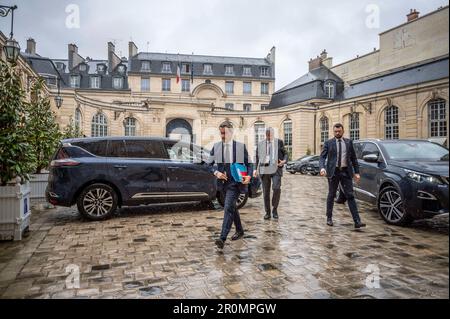 Paris, Frankreich. 09. Mai 2023. Gerald Darmanin tritt am 9. Mai 2023 für das Interministerielle Komitee für öffentliche Transformation 7. in Paris ein.Foto von Eliot Blondet/ABACAPRESS.COM Kredit: Abaca Press/Alamy Live News Stockfoto