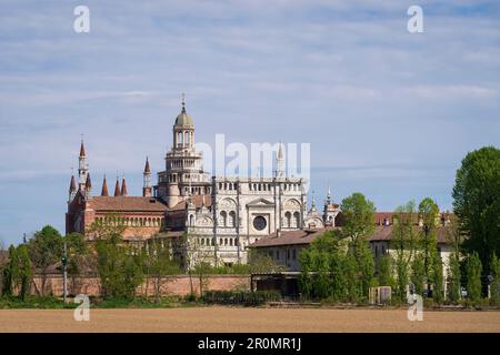 Certosa di Pavia am sonnigen Tag, erbaut im späten 14. Jahrhundert in der Provinz Pavia, aus der Nähe Lombardei, Italien Stockfoto