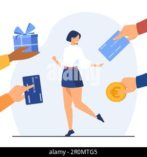 Fröhliche Frau, umgeben von Händen mit Geschenken Stock Vektor
