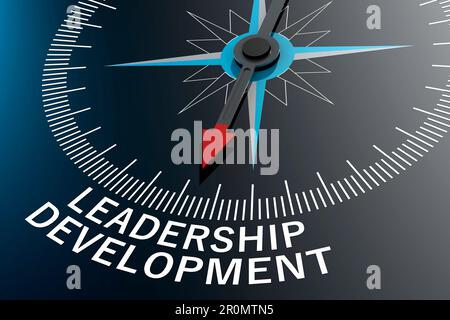 Kompassnadel zeigt auf Leadership Development Wort, 3D-Rendering Stockfoto