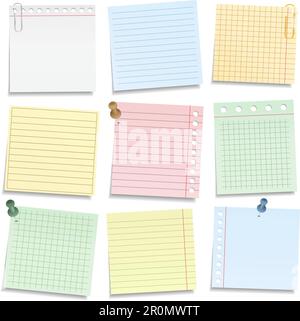 Farbiges Notizbuch-Papier mit Stecknadeln und Clips, Abbildung Vektor EPS10 Stock Vektor