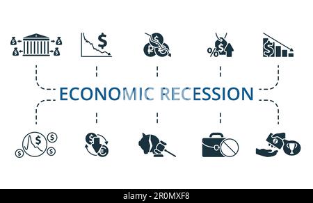 Wirtschaftliche Rezession gesetzt. Kreative Ikonen: bankrott, Börsenkrach, Währungskrise, Inflation, Rezession, Wirtschaftsblase, Kursverfall Stock Vektor