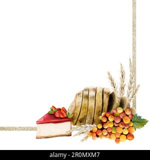 Happy Shavuot Aquarell Grußkartenvorlage. Picknick mit quadratischen Illustrationen, Einladung zum Grillen. Trauben, Kuchen, Brot Stockfoto