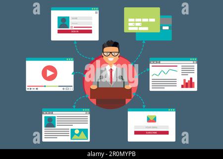 Das Leben eines Geschäftsmannes im Internet – Video, Blog, soziale Netzwerke, Online-Shopping und E-Mail. Grafische Benutzeroberfläche und Webseitenformulare und -Elemente. Vektor Stock Vektor