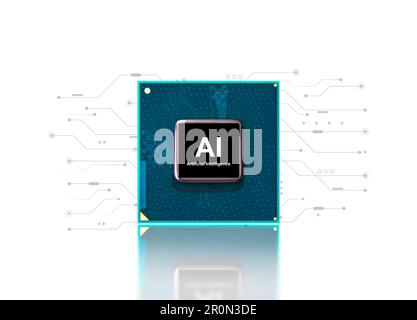 KI und maschinelles Lernen. Computerprozessor-Chip isoliert und elektronisches Schaltungsmuster auf weißem Hintergrund Stockfoto