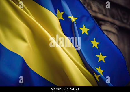 Die Flaggen der Ukraine und Europas winken zusammen und zeigen Unterstützung und Solidarität. Die Europäer stehen mit der Ukraine bei ihrem Versuch, der Europäischen Union beizutreten, zusammen. KI Stockfoto