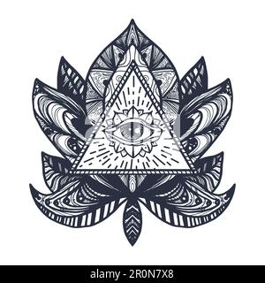 Vintage All Sehen Eye in Mandala Lotus. Providence magisches Symbol für Aufdruck, Tätowierung, Malbuch, Stoff, T-Shirt, Stoff im Bo-Stil. Astrologie, occ Stock Vektor