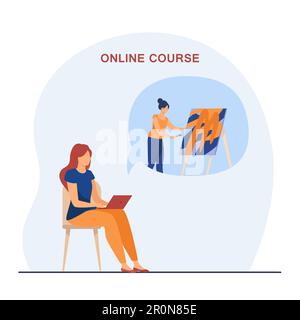 Eine Frau, die sich einen Online-Malkurs auf einem Laptop ansieht Stock Vektor