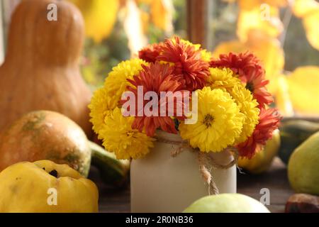 Wunderschöne bunte Chrysanthemen-Blumen in Vase und Kürbissen drinnen, geschlossen. Herbststille Stockfoto