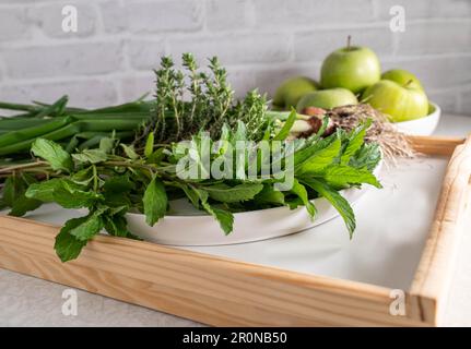 Frisch gepflückte Küchenkräuter oder Gartenkräuter, Frühlingszwiebeln, Minze und Thymian Stockfoto