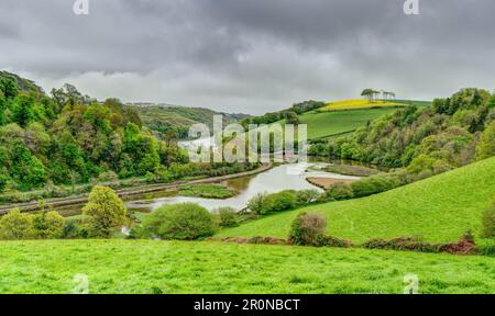 Panoramablick auf den malerischen East Looe River, Looe, Cornwall direkt über der Terras Bridge mit Blick auf die Stadt. Wunderschöne Bäume säumen die Talseiten Stockfoto