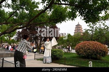 (230509) -- XI'AN, 9. Mai 2023 (Xinhua) -- Ein Tourist posiert für Fotos mit der riesigen Wildganspagode in Xi'an, Nordwestchina Provinz Shaanxi, 18. April 2023. XI'an, eine Stadt mit über 3.100 Jahren Geschichte, diente als Hauptstadt für 13 Dynastien in der chinesischen Geschichte. Es ist auch die Heimat der weltberühmten Terrakotta-Krieger, die in der Qin-Dynastie (221-207 v. Chr.) geschaffen wurden. Die riesige Wildganspagode, ein echtes Denkmal der buddhistischen Kultur und Architektur, wurde ursprünglich 652 v. Chr. während der Tang-Dynastie (618-907) erbaut und während der Ming-Dynastie (1368-1644) umfassend repariert. Die Pagode Currentl Stockfoto