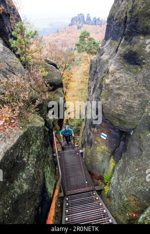 Herbsttour auf dem Malerweg in Elbsandstein Stockfoto