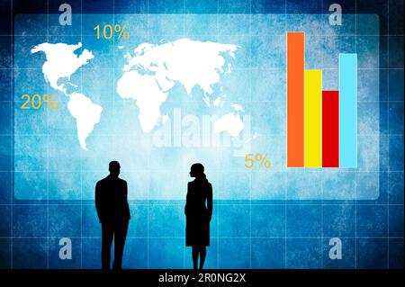 Geschäftsmann und Geschäftsfrau vor einer Weltkarte mit Prozentsätzen und Diagrammen Stockfoto