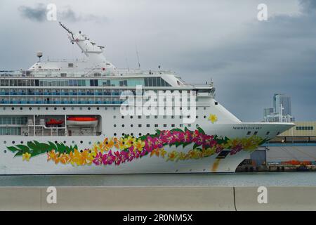 MIAMI BEACH, FL, -17. FEBRUAR 2023 - View of the Norwegian Pearl, ein Kreuzfahrtschiff, das von Norwegian Cruise Lines (NCL) in Port Miami in Florida, den Larges, betrieben wird Stockfoto