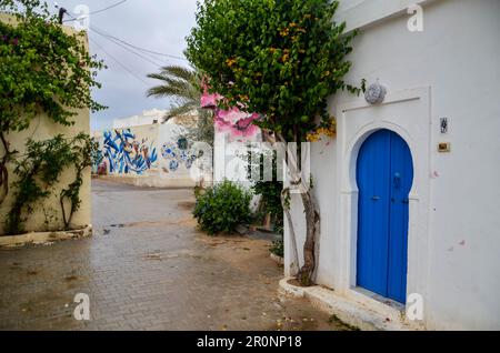 Djerba, Tunesien. 9. Mai 2023: Djerba, Tunesien. 09. Mai 2023 Das malerische Viertel von Tunesiens Djerbahood mit seiner traditionellen Architektur und Wandmalereien, die von mehreren Künstlern auf der ganzen Welt gemalt wurden. Djerbahood befindet sich im Dorf Erriadh, früher Hara Sghira genannt, auf der tunesischen Insel Djerba. Mit seiner verstreuten Straßenkunst gilt Djerbahood als Freilichtmuseum und ist gleichzeitig ein beliebtes Reiseziel für Touristen in Tunesien. Kredit: ZUMA Press, Inc./Alamy Live News Stockfoto