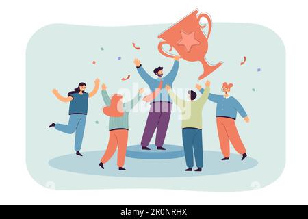 Ein Team winziger Büroangestellter, die Gold-Pokal gewinnen Stock Vektor