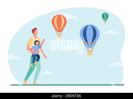 Glücklicher Vater und Sohn, die sich Heißluftballons ansehen Stock Vektor