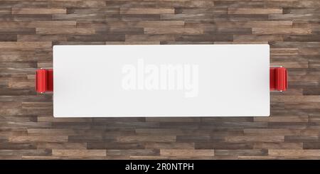 Blick von oben auf einen rechteckigen weißen Bürotisch mit zwei roten Lederstühlen in einem Konferenzraum mit Holzboden. 3D-Rendering-Geschäft Stockfoto