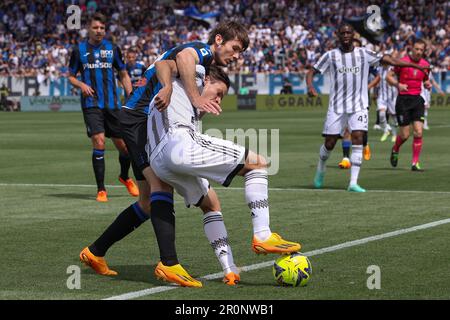 Bergamo, Italien. 7. Mai 2023. Italien, Bergamo, Mai 7 2023: Nicolo Fagioli (Juventus Mittelfeldspieler) kämpft in der ersten Hälfte während des Fußballspiels ATALANTA BC gegen JUVENTUS FC um den Ball, Serie A Tim 2022-2023 day34 Gewiss Stadion (Kreditbild: © Fabrizio Andrea Bertani/Pacific Press via ZUMA Press Wire) – NUR REDAKTIONELLE VERWENDUNG! Nicht für den kommerziellen GEBRAUCH! Stockfoto