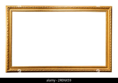 Alter horizontaler langer schmaler Holzbilderrahmen isoliert auf weißem Hintergrund mit ausgeschnittener Leinwand Stockfoto